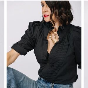 KMJ Kate McHale Jensen Bontina Tux Ruffle Collar Puff Sleeve Blouse, Sz M